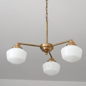 Historic Style Chandelier - White Schoolhouse Shades - Brass Lighting - Dining Room Light - Farmhouse Lighting