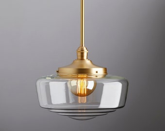 Large  Clear Glass - Mid century modern - pendant lighting - hand blown glass - ceiling fixture - brass light - ceiling light