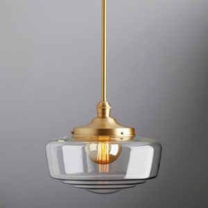 Large  Clear Glass - Mid century modern - pendant lighting - hand blown glass - ceiling fixture - brass light - ceiling light