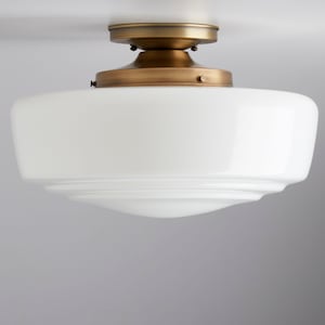 14" Schoolhouse modern - flush mount - milk glass hand blown - Lighting fixture - brass lighting