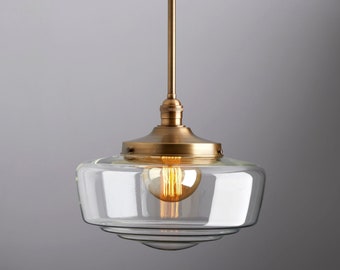Clear 14" hand blown glass - Mid century modern - pendant lighting - hand blown glass - ceiling fixture - brass light - ceiling light