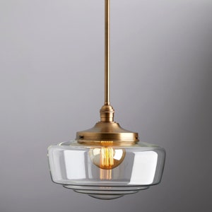 Clear 14&quot; hand blown glass - Mid century modern - pendant lighting - hand blown glass - ceiling fixture - brass light - ceiling light
