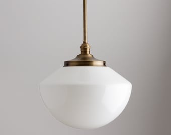 Large Tapered White Schoolhouse Light Fixture Flush Mount **hand-blown glass** Down Rod Pendant - Mid-Century Modern