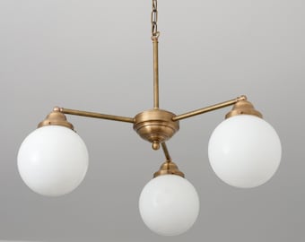 Triple Chandelier - Round Milk Glass - Brass Lighting - Dining Room Light - Opal Glass Globes