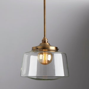 Mid Century Modern - Downrod Pendant Light Fixture - Drum Shade - Clear Glass Schoolhouse  - Made in the USA