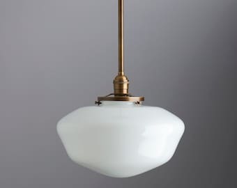 12" White Schoolhouse  - White Handblown Glass - Pendant/Downrod Light Fixture **handblown glass, made in america**