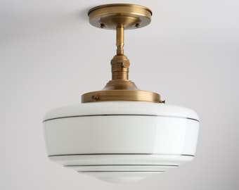 Striped Schoolhouse Large White/Milk Glass Shade - Flush Mount or Semi Flush Mount Fixture - Lined Glass