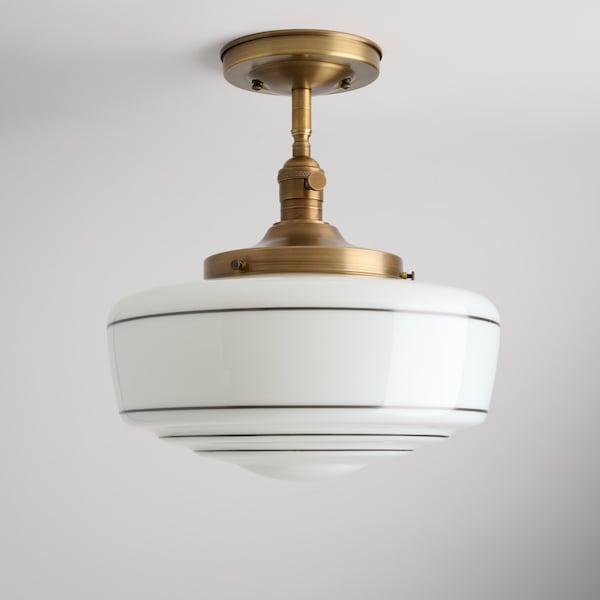 Striped Schoolhouse Large White/Milk Glass Shade - Flush Mount or Semi Flush Mount Fixture - Lined Glass