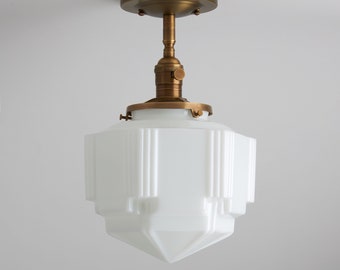 Semi Flush Mount - Art Deco Light Fixture - Skyscraper -  Brass Ceiling Light Fixture - Opal/White Handblown Glass