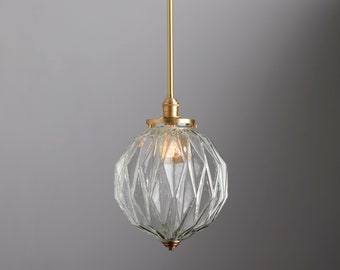 Mid century modern - ceiling light - Down rod Pendant - Clear Diamond glass semi flush fixture  - Handblown Glass made in the USA
