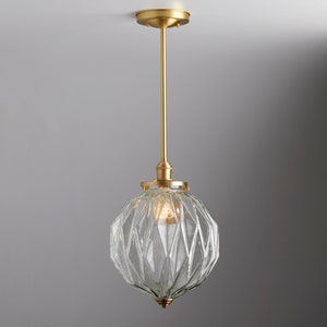 Mid century modern - ceiling light - Down rod Pendant - Clear Diamond glass semi flush fixture  - Handblown Glass made in the USA