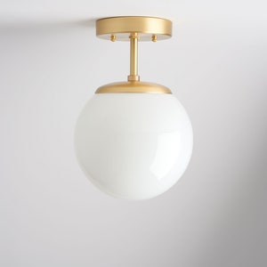 Mid-Century Modern Lighting Fixture - Hand Blown White Glass Shade - Semi Flush