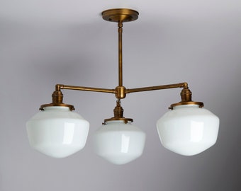 3 Light Pendant Chandelier with 8" White Schoolhouse Shades