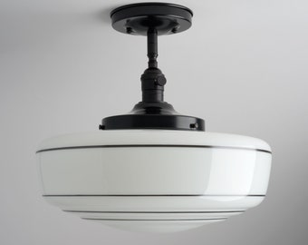 Modern 14" Schoolhouse Large White/Milk Glass Shade - Striped Glass - Semi Flush Mount Fixture