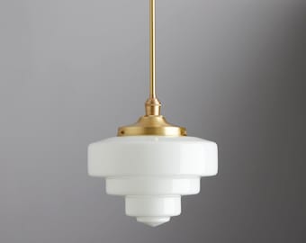 Art Deco White Glass Mid Century Modern 12" - Downrod Pendant Light Fixture - Made in the USA Hand Blown Glass