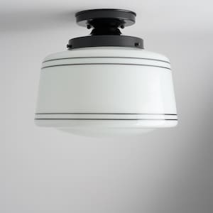 Mid-Century Modern - Ceiling Light Fixture - Stripes Painted - Drum Shade - Opal White Schoolhouse - Handblown Glass  - Farmhouse Lighting