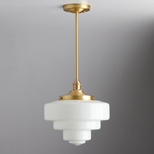 Art Deco White Glass Mid Century Modern 12" - Downrod Pendant Light Fixture - Made in the USA Hand Blown Glass