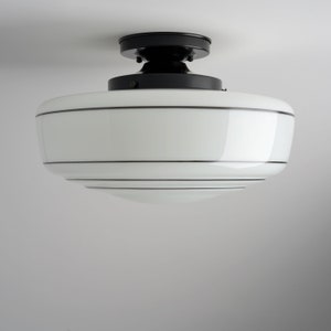 14" Schoolhouse modern - flush mount - milk glass hand blown - Lighting fixture - brass lighting - Stripes