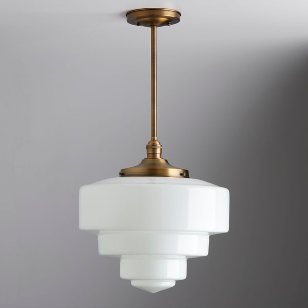 14" Large Layered Art Deco Style White Glass - Downrod Pendant Light Fixture - Made in the USA