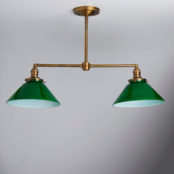 2 Light Pendant Chandelier with 10" Green Glass Cone Shades