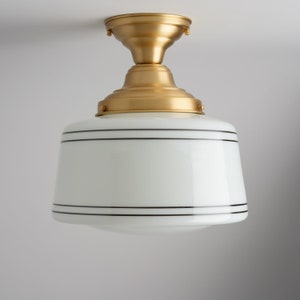 Mid Century Modern - Semi Flush - Line Glass - Drum Shade - Opal White Schoolhouse Glass - Handblown Glass  - Farmhouse Lighting