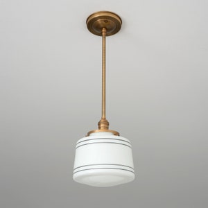 Striped Drum Lighting Pendant - Hand Painted Lines - Hand Blown Glass - Kitchen Lighting - Midcentury Modern - School House