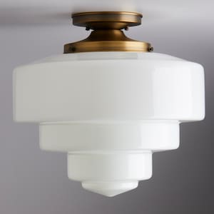 14" Large Layered Art Deco Style White Glass Schoolhouse Flush Mount/Semi-Flush Mount Light Fixture  **handblown glass, made in america**