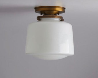 Schoolhouse White Drum Flush Mount Light Fixture ** handblown glass, made in the USA **