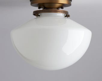 White/Milk Glass Angled Schoolhouse Glass Short Flush Mount Light Fixture *USA handblown glass *