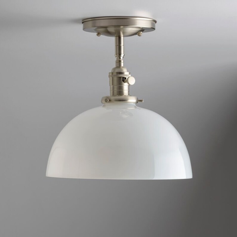 White Milk Glass Dome Shade Flush Mount Semi Light Fixture Handn Made In America