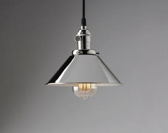 Polished Nickel Metal Shade Vintage Industrial Pendant Light 8" Pendant Light Fixture