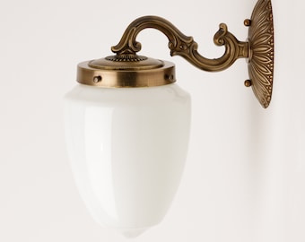 Ornate Cast Brass - Wall Sconce Lighting - Indoor or Outdoor - White Glass Shade
