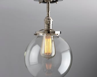 8" Clear Glass Schoolhouse Flush Mount/Semi-Flush Mount Light Fixture  **handblown glass, made in america**