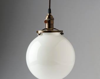 White Glass Globe Pendant Light Fixture with 8" Shade Hand Blown Glass