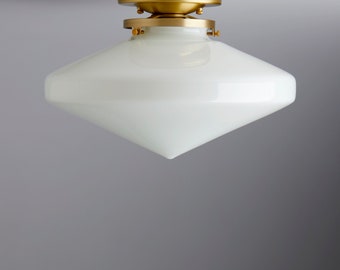 12" Art Deco Style - White Handblown Glass - Schoolhouse Flush Mount Light Fixture  **handblown glass, made in america**