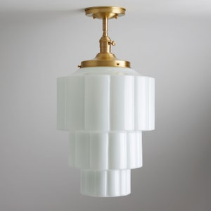 Grand Art Deco Fixture - Stem Ceiling Light - Striking Center Piece - Opal Glass - Semi Flush Mount - Mid-century Modern