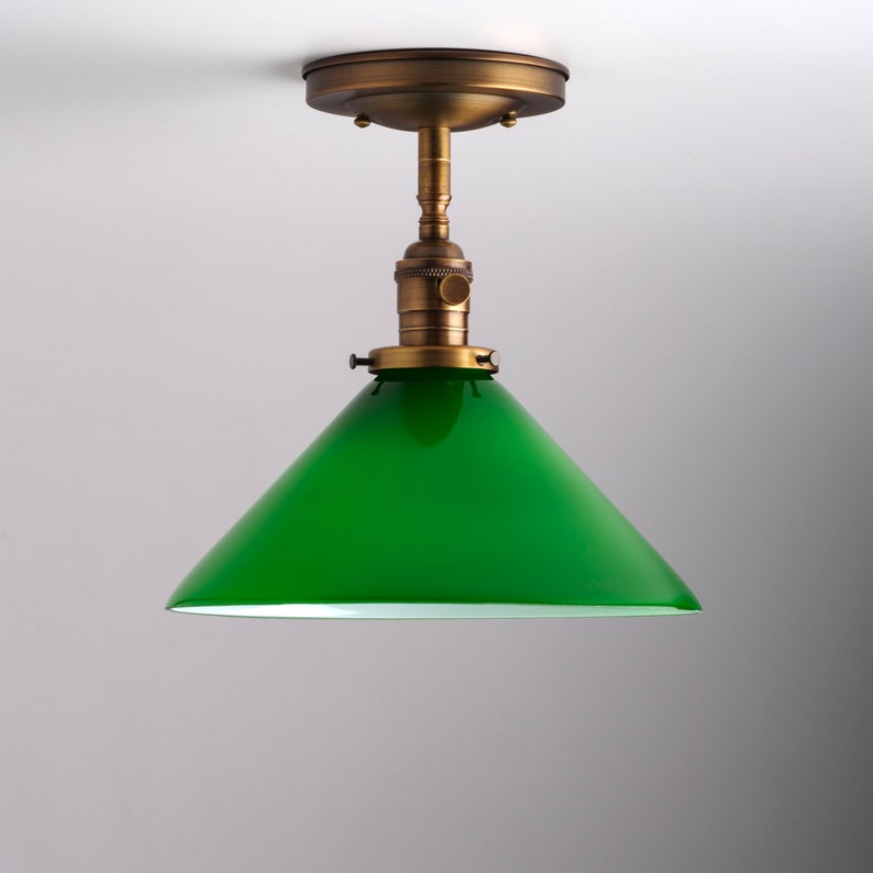 10 Green Glass Cone Semi Flush Stem Mount Light Fixture Image 0