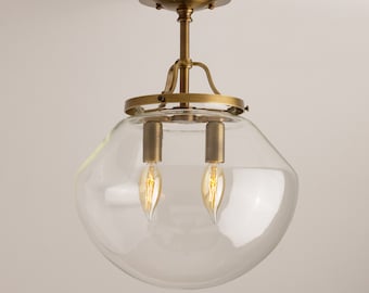 Mid Century Modern 12" Schoolhouse Clear Glass Shade Semi Flush Mount  - Multi Bulb Lighting - Brass Fixture