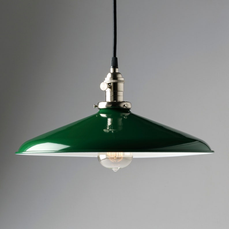 Pendant Light Fixture Green 14 Metal Porcelain Enamel Image 0