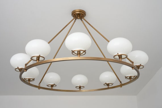 Grand Chandelier Brass Fixture Entry Way Country Farmhouse Hand Blown White Glass