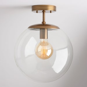 Mid Century Lighting - Semi Flush Classic Light Fixture - Brass Hardware - Hand Blown Glass