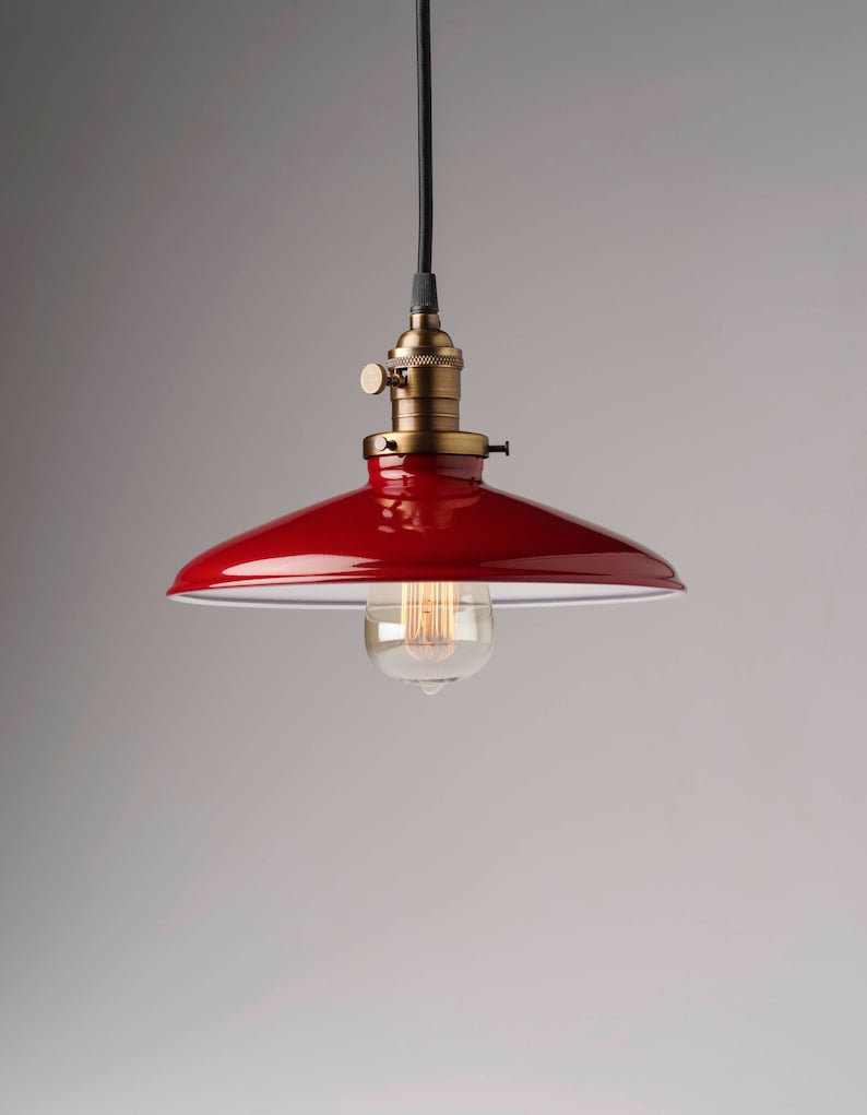 Industrial Style Red Porcelain Enamel 10 Pendant Light Fixture image 1