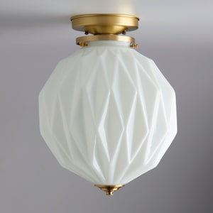 Mid-century modern - ceiling light - flush mount brass light - white glass semi flush fixture - foyer lighting