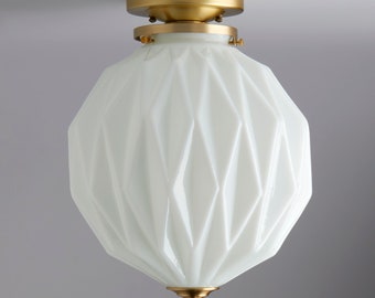 Mid century modern - ceiling light - flush mount brass light - white glass semi flush fixture - foyer lighting