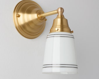 Brass Lighting - Opal/Milk Handblown Glass Cup - Hand Painted Stripes - Classic Wall Sconce - SchoolHouse Wall Sconce