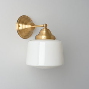 SchoolHouse Wall Sconce - White Glass Drum Fixture - Brass Lighting