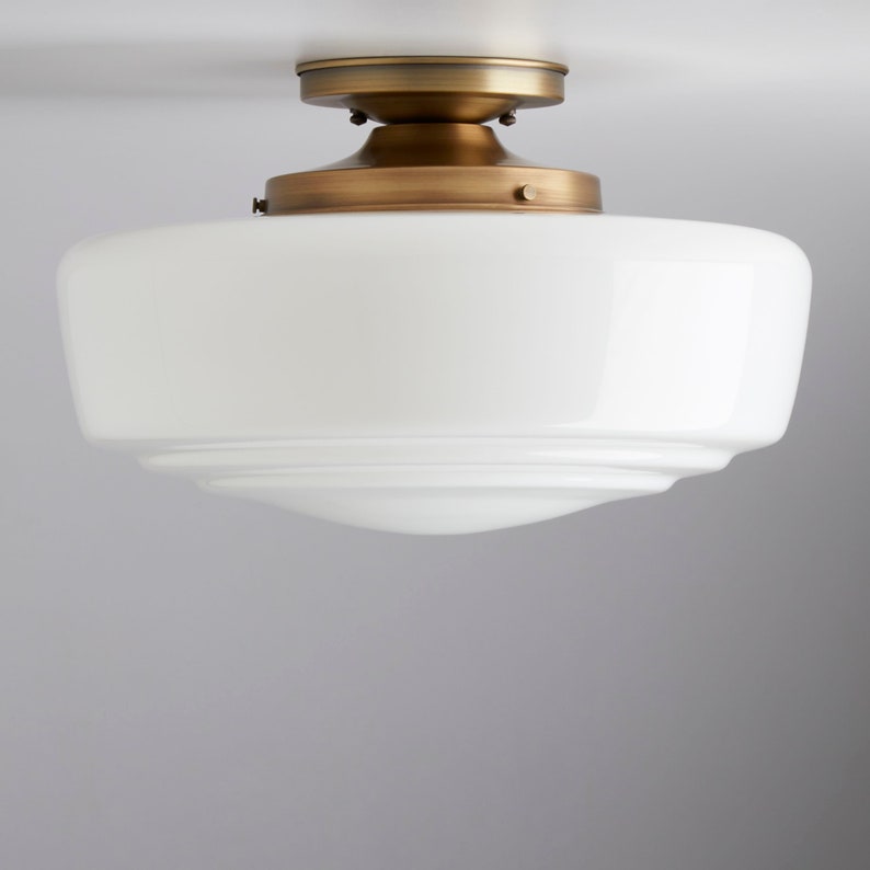 14 Schoolhouse modern flush mount milk glass hand blown Lighting fixture brass lighting image 1