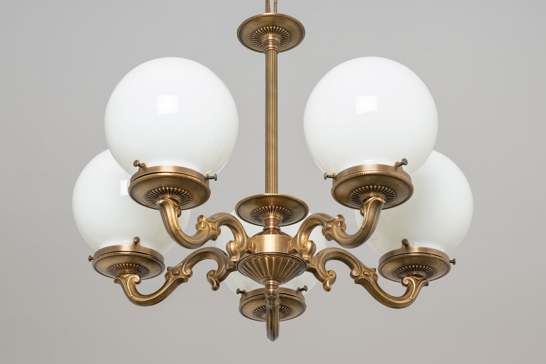 Round Globe Chandelier Brass Lighting Chain Pendant 5 Hand Blown