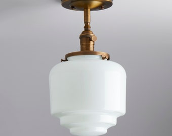 Art Deco Mid Century Modern Handblown Opal Glass Semi Flush Light Fixture