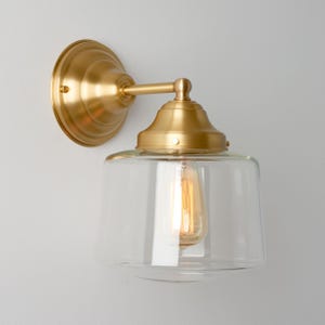 Mid Century Inspired - School House Wall Sconce - Clear Glass Drum Fixture - Brass Lighting